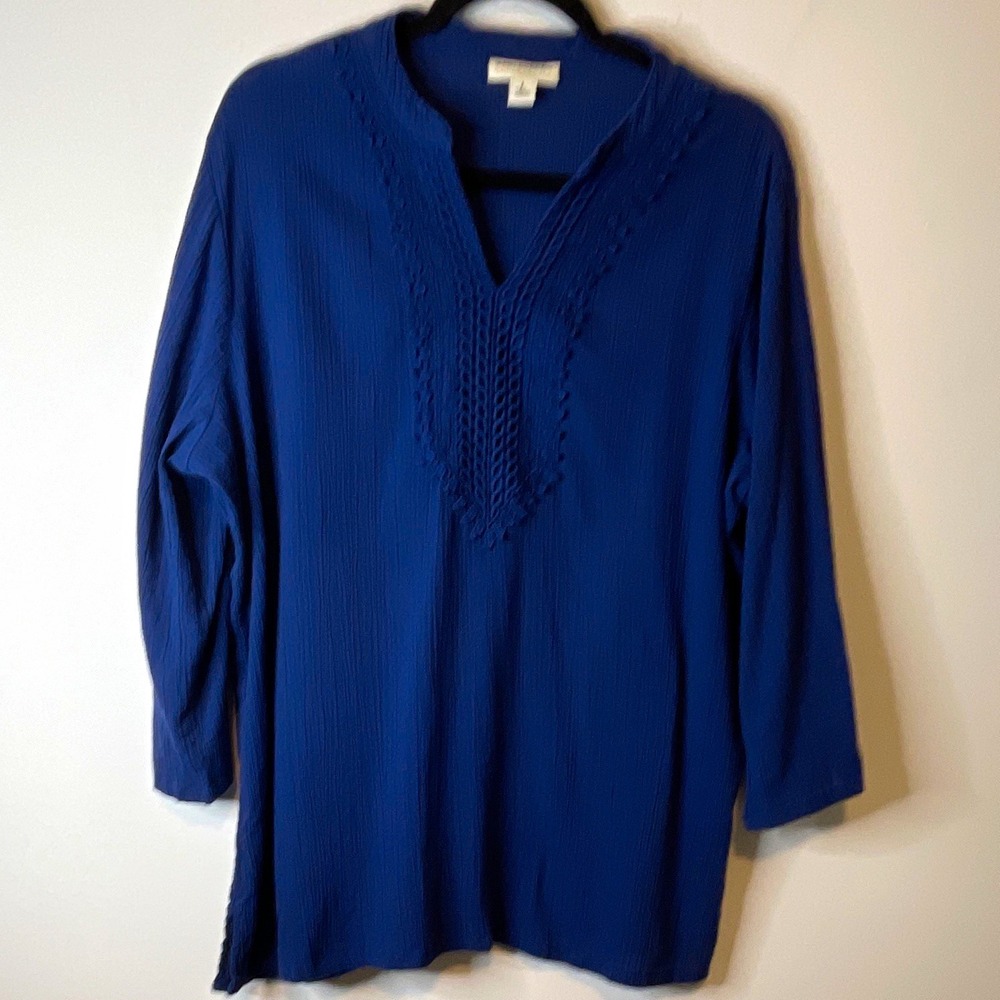 Appleseed's L Blue Cotton V Neck Crochet Trim 3/4 Sleeve Tunic Blouse Top
